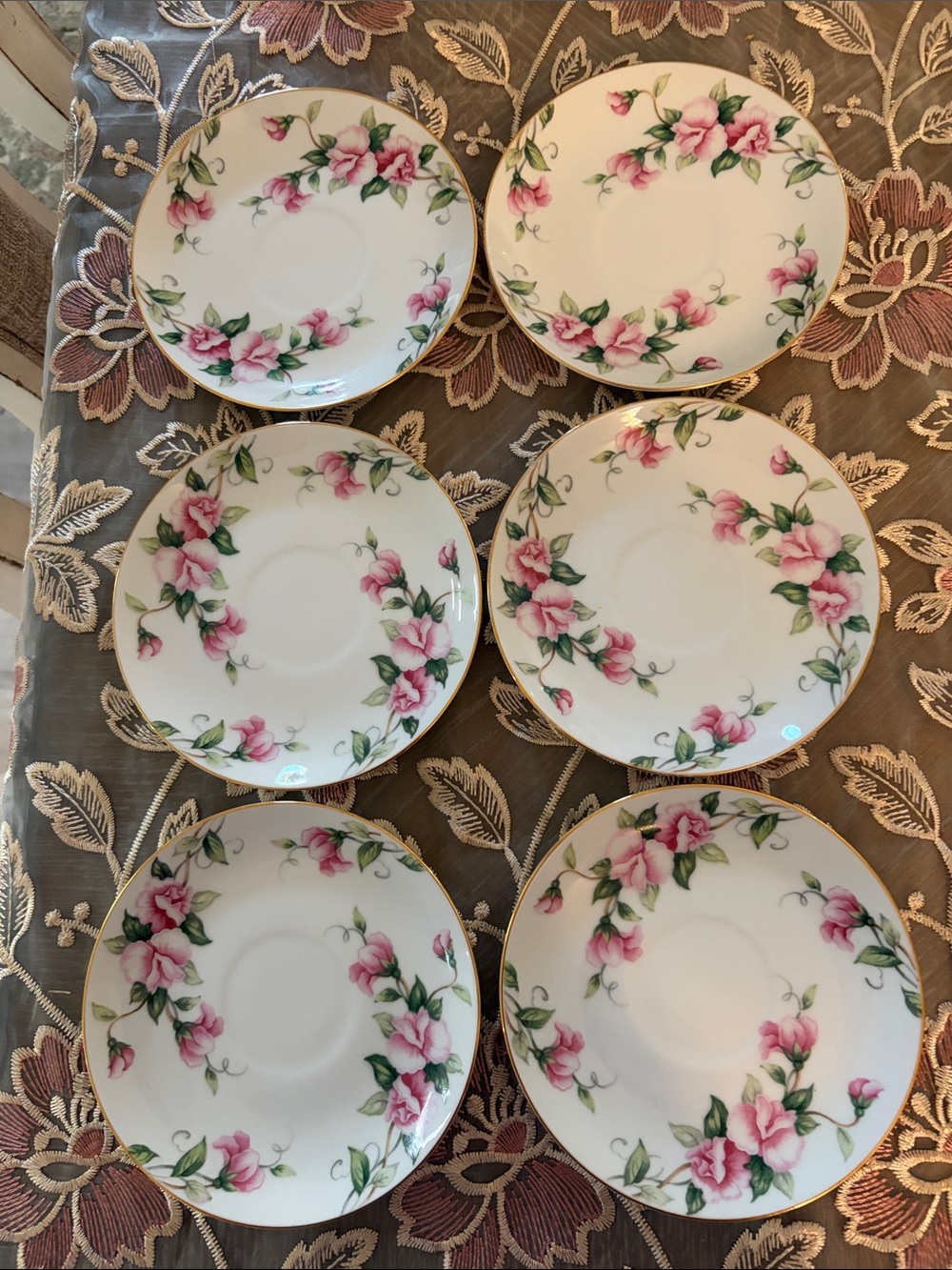 Kent China Sweetpea Floral Porcelain Saucer Set with Gold Trim